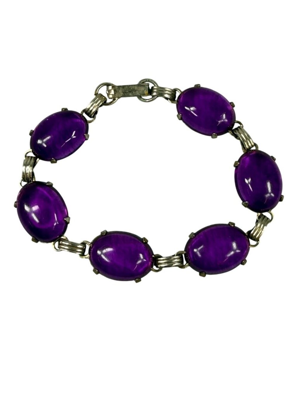 Vintage Purple Cabochon Silver Tone Bracelet Fold Over Clasp Women Jewelry